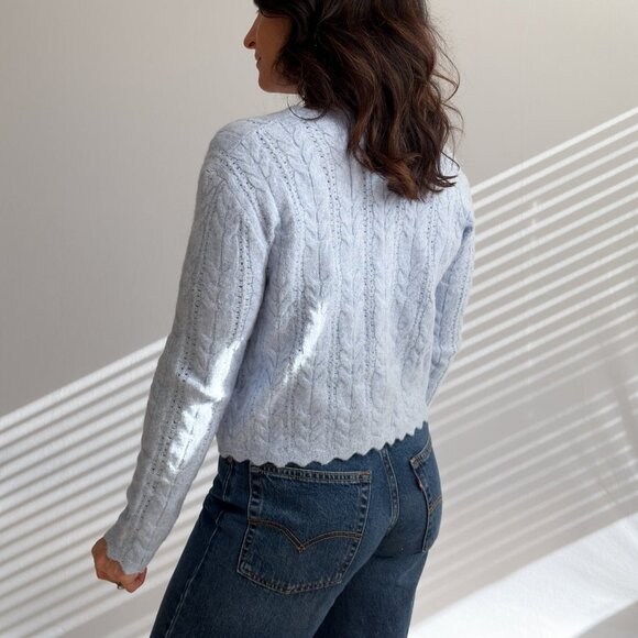 Women’s Light Blue Scalloped Cable Knit Cardigan - Picture 11 of 11